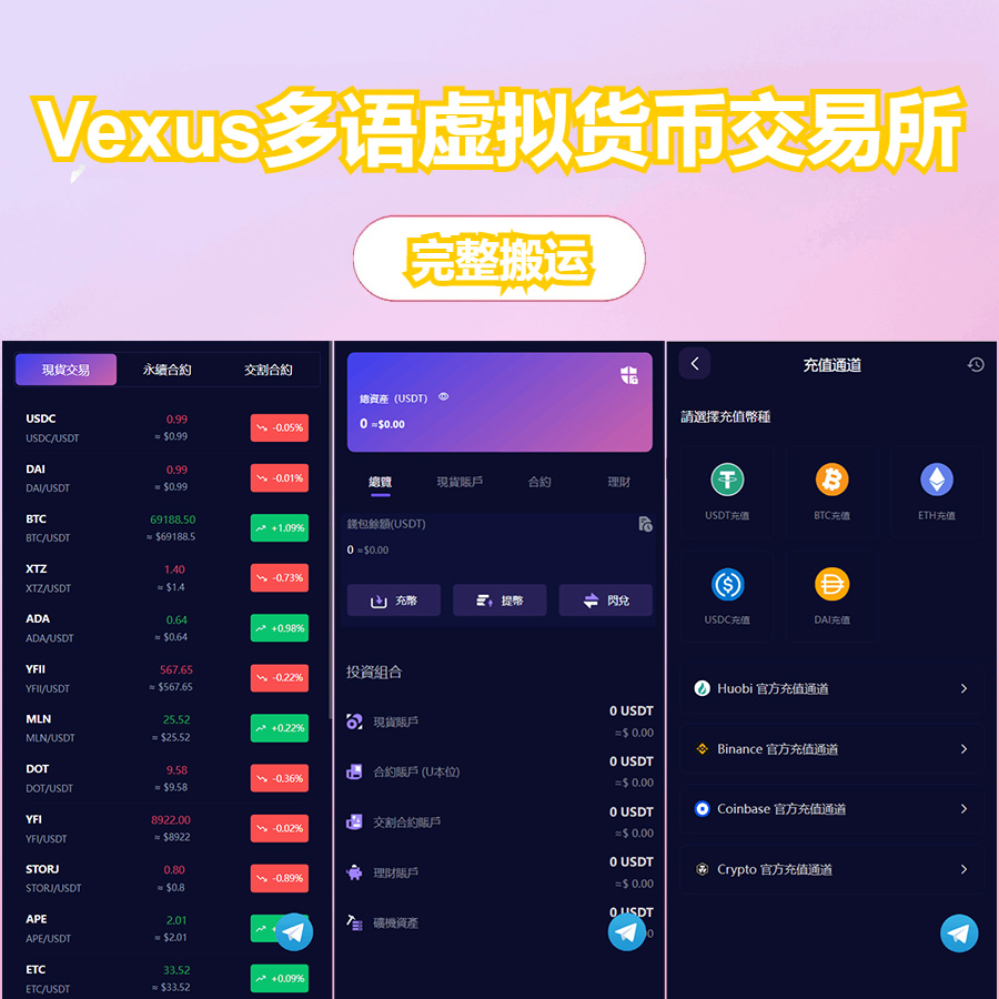 Vexus多语言虚拟货币交易所/java交易所源码/模拟账户+现货交易+永续合约+交割合约+基金理财+锁仓挖矿+质押贷款+闪兑