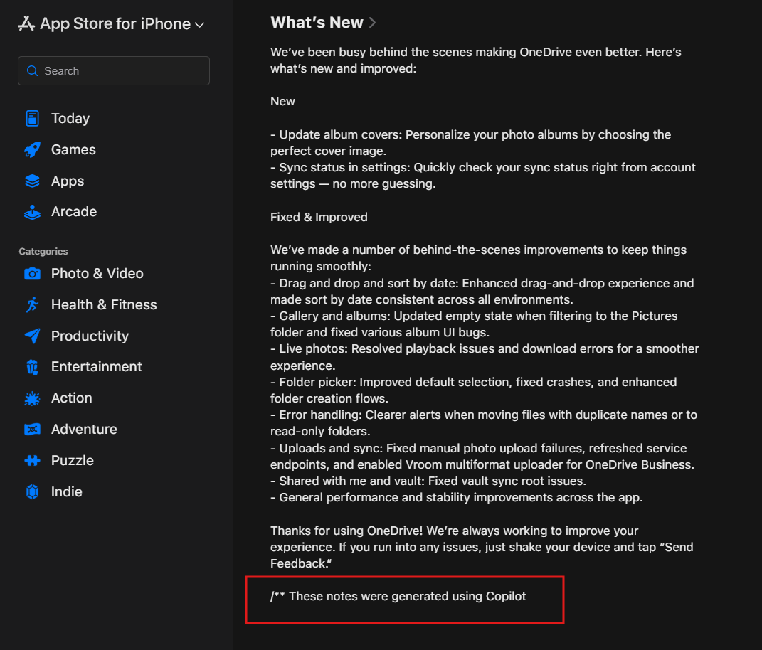 微软借旗下 iOS 应用更新日志推广 Copilot：标注“由 AI 生成”