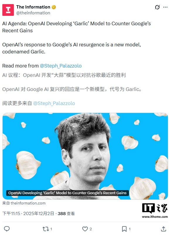 OpenAI 被曝正开发全新 AI 大语言模型：代号“大蒜”，性能超越谷歌 Gemini 3